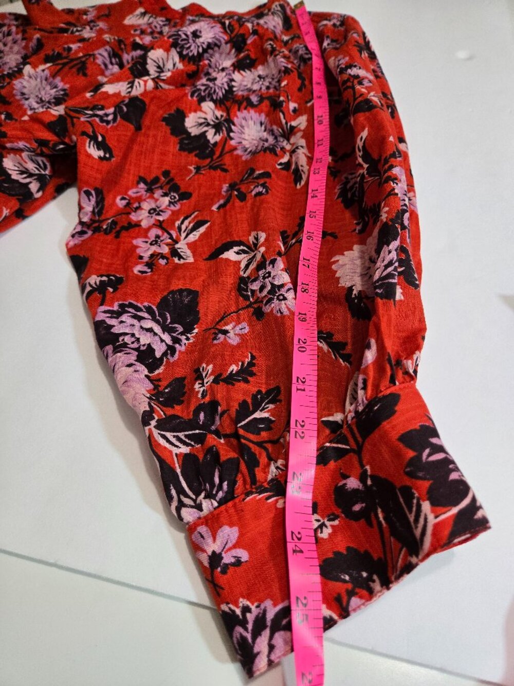 Maeve Anthropologie Red Orange Floral Pintucked Button-Down Boho blouse sz Large - Picture 14 of 14